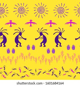 African musician flute player vector ethnic tribal motifs seamless pattern. Traditional design with trickster god, swirl icons on human palm, sun, eagle. African creative batik pattern.
