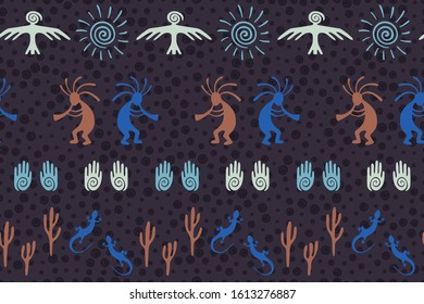 African musician flute player vector ethnic tribal motifs seamless pattern. Folk design with dancing god music spirit, wild nature, spiral signs. African healing deity pattern.