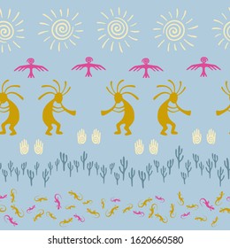 African musician flute player vector ethnic tribal motifs seamless pattern. Traditional design with trickster god, swirl icons on human palm, sun, eagle. African aboriginal textile print.