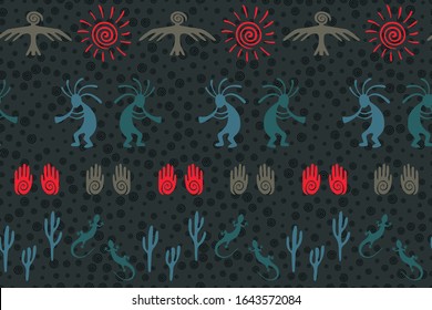 African musician flute player vector ethnic tribal motifs seamless pattern. Mythical design with lizard, Kokopelli fertility deity, sun, eagle, cacti. African ornament fabric prin.
