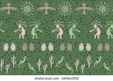 African musician flute player vector ethnic tribal motifs seamless pattern. Aborigine design with humpbacked man playing flute musical instrument. Authentic elements modern pattern.