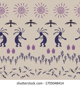 African musician flute player vector ethnic tribal motifs seamless pattern. Aborigine design with trickster god, swirl icons on human palm, sun, eagle. African aboriginal textile print.