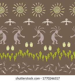 African musician flute player vector ethnic tribal motifs seamless pattern. Aborigine design with lizard, Kokopelli fertility deity, sun, eagle, cacti. African aboriginal textile print.