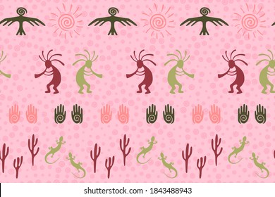 African musician flute player vector ethnic tribal motifs seamless pattern. Aborigine design with lizard, Kokopelli fertility deity, sun, eagle, cacti. African art abstract pattern.