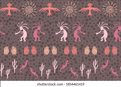 African musician flute player vector ethnic tribal motifs seamless pattern. Mythical design with gecko, Kokopelli fertility god, sun, bird, cacti. African signs cute pattern.