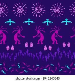 African musician flute player vector ethnic tribal motifs seamless pattern. Folk design with lizard, Kokopelli fertility deity, sun, eagle, cacti. African creative batik pattern.