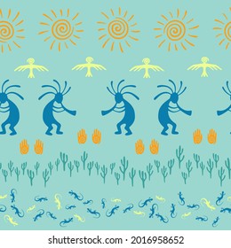 African musician flute player vector ethnic tribal motifs seamless pattern. Folk design with gecko, Kokopelli fertility god, sun, bird, cacti. African myth elements graphics.