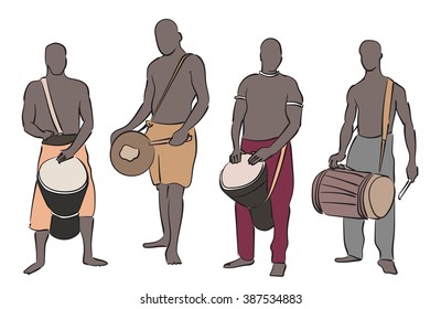 African musician playing traditional musical instruments. Vector silhouette set on white background.