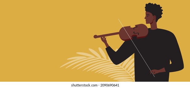 African musician with violin, Black History Month. Flat vector stock illustration. Copy space template or back. Creativity of people with black skin, violinist. Illustration for design