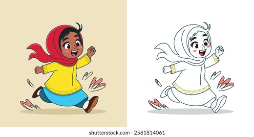 an African Muslim girl running for design element or coloring book element