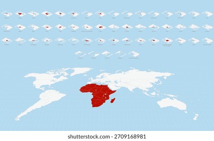Mapas das Nações Africanas em estilo de papel dobrado isométrico com um foco de mapa mundial na África em cor vermelha.
