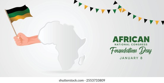 African National Congress Foundation Day 8 January hand folding flag 3d map  vector poster