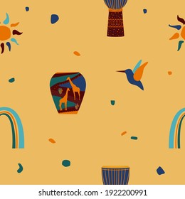 African national ethnic symbol seamless pattern background. Afro symbol seamles print for fabric,  wallpaper, souvenir shop wrapping paper, summer dress textile, travel agency banner etc.