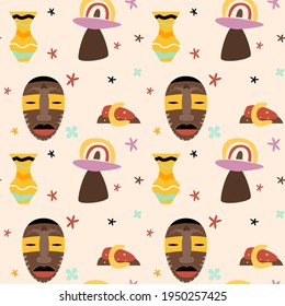 African national ethnic symbol seamless pattern background. Afro symbol seamles print for fabric, wallpaper, wrapping paper, dress textile, travel agency banner etc.