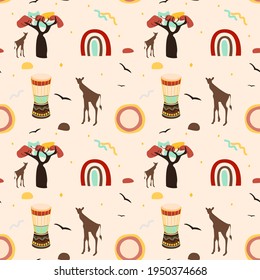 African national ethnic symbol seamless pattern background. Afro symbol seamles print for fabric, wallpaper, wrapping paper, dress textile, travel agency banner etc.
