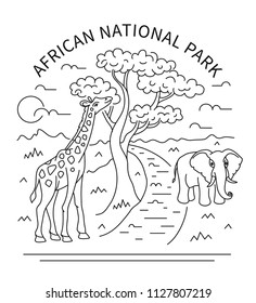 African national park. Elephant and giraffe in the savanna. Vector linear landscape. Colored page with editable stroke. Black + white