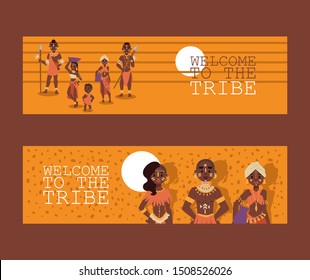 African native family tribe people, vector illustration. Banners for travel agency website design, exotic tours to Africa, brochure header. Group of ethnic tribe characters in traditional clothes