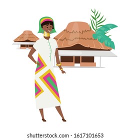 African native flat color vector illustration. Nigerian female in ethnic clothes and jewelry. Aborigen with tribal homes. Woman of color isolated cartoon character on white background
