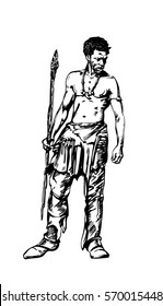 African native, male warrior. Hand drawn illustration.