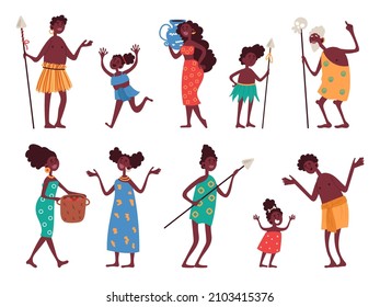 African native tribal characters. Funny men and women, children and old people, national colorful clothes and household ethnic items, male and female aborigines, vector isolated set