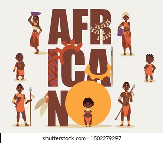 African native tribe people isolated on white background, vector illustration. Ethnic aborigines of Africa in traditional clothes of tribal culture. Men, women and children in cartoon style