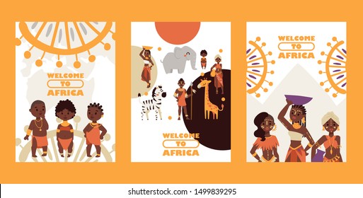 African native tribe people, vector illustration. Set of banners, travel postcards welcome to Africa. Cartoon characters, various women and children in traditional clothes, exotic animals, ornament