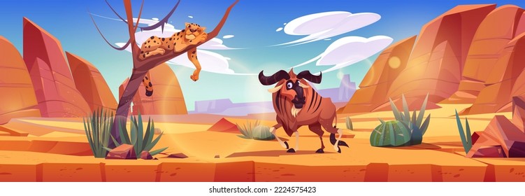 African natural landscape with exotic savanna animals. Cartoon vector illustration of cheetah sleeping on tree and buffalo walking in wildlife park with brown rocks and green plants. Safari journey