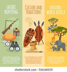 African natural world culture traditions and safari hunting 3 flat vertical banners set  abstract isolated vector illustration