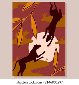 African nature art with animals and trees vector illustration. Abstract black panther silhouettes jump among hand drawn brown jungle leaves and sun, minimalist contemporary wallpaper design template