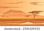African nature with a background of Mount Kilimanjaro, savannah and a water hole, eps