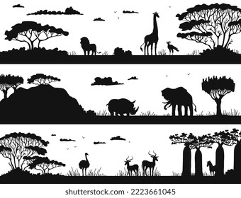 African nature horizontal decorative banners set with animals and plants in black silhouette, flat cartoon vector illustration isolated on white background.