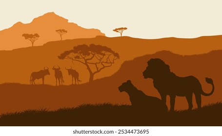 African nature landscape. Silhouette of lions and antelopes. Orange savannah background. Wildlife scene on yellow hills. Poster of Africa. Vector illustration