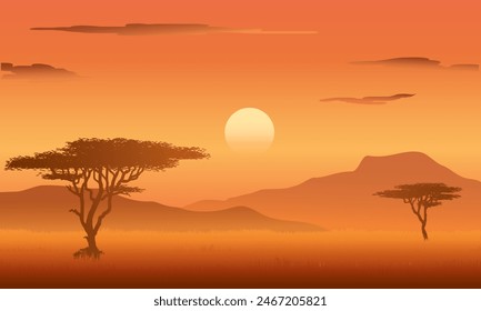 Naturaleza africana con Savannah en la noche, Ilustración vectorial aislada, eps