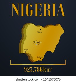 African Nigeria golden 3d solid country outline silhouette, realistic piece of world map template, for infographic, vector illustration, isolated object, background. From countries set
