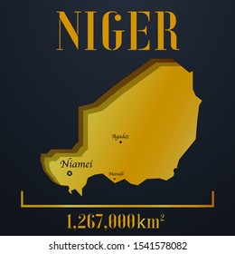 African Nigeria golden 3d solid country outline silhouette, realistic piece of world map template, for infographic, vector illustration, isolated object, background. From countries set