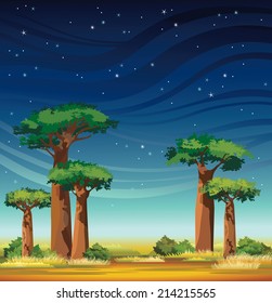 African night landscape with baobabs and starry sky. Natural vector.