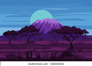 African night landscape savannah wild nature, twilight night. Grass, bushes, acacia trees and mountane. The nature of Africa. Reserves and national parks. Vector illustration isolated cartoon style