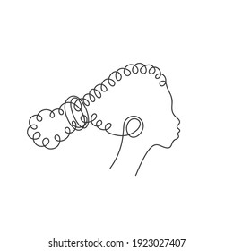 African non-binary human head in profile with curly hair ponytail, Continuous one line drawing, Abstract illustration single line, Afro people minimalist design contemporary portrait face line art