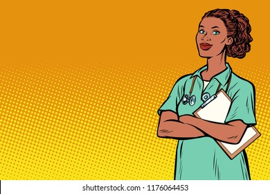 African nurse. Medicine and health. Pop art retro vector illustration vintage kitsch