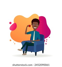 African office employee having coffee break. Businessman with coffee cup sitting in armchair in lounge room. Vector illustration. Lunch, coffee break concept for banner, website design