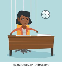 African office worker hanging on strings like a marionette. Office worker marionette sitting at workplace. Emotionless office worker marionette working. Vector cartoon illustration. Square layout.