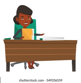An african office worker working with documents. Office worker sitting at the table with documents. Office worker inspecting documents. Vector flat design illustration isolated on white background.