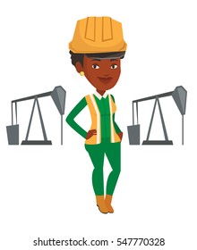 An african oil worker in uniform and helmet. Oil worker standing with crossed arms. Oil worker standing on the background of pump jack. Vector flat design illustration isolated on white background.