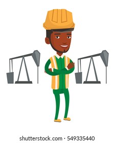 An african oil worker in uniform and helmet. Oil worker standing with crossed arms. Oil worker standing on the background of pump jack. Vector flat design illustration isolated on white background.