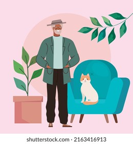 african old man modeling and cat