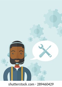 An african operator with headset as customer service helpdesk with screwdriver and combination wrench inside bubble. Call center concept. A Contemporary style with pastel palette, soft blue tinted