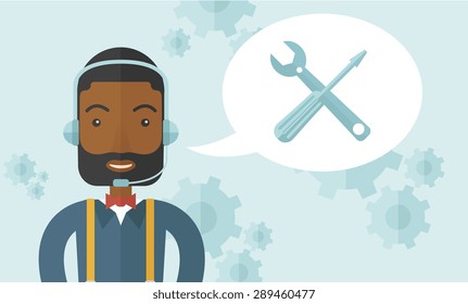 An african operator with headset as customer service helpdesk with screwdriver and combination wrench inside bubble. Call center concept. A Contemporary style with pastel palette, soft blue tinted