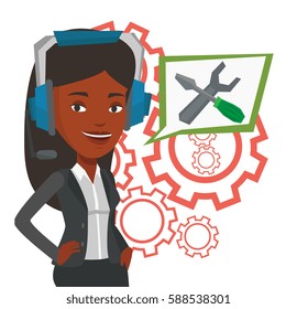 African operator of technical support wearing headphone set. Technical support operator and speech square with screwdriver and wrench. Vector flat design illustration isolated on white background.