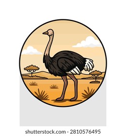 African Ostrich Walking Through Dry Savanna Desert Landscape with Acacia Trees and Warm Sunset Sky, Circular Badge Icon Illustration Featuring Iconic Flightless Bird Wildlife, Suitable for Safari, Travel and Nature Tourism Design Projects
