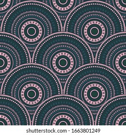 African Overlapping Circles Background Vector Seamless Pattern. Tribal Motifs Modern Repeating Scallops. South African Ethnic Circle Mandala Elements Seamless Geometric Pattern.